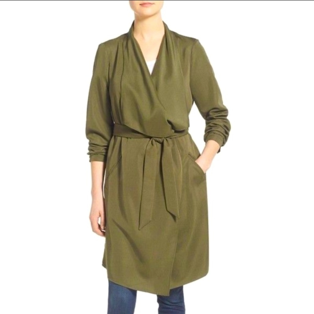 KENSIE Soft draped belted midi trench coat
